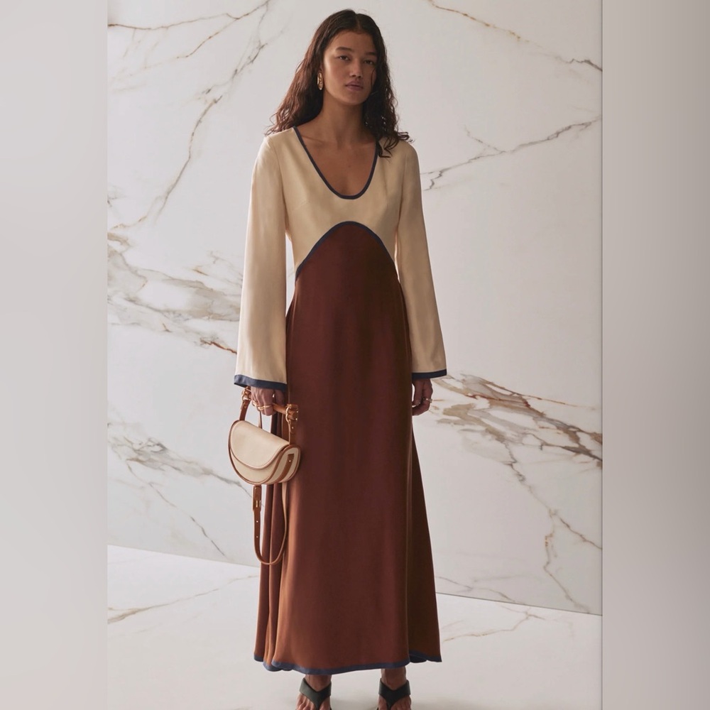 Cream and Brown Long Sleeve Maxi Dress with Contrast Trim